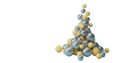 3D render of abstract silver metallic and yellow spheres pile isolated on white background