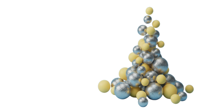 3D render of abstract silver metallic and yellow spheres pile isolated on white background