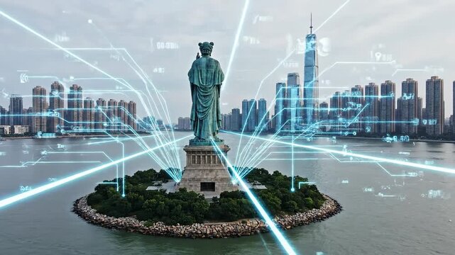Futuristic Statue of Liberty with Data Overlay in a Modern Cityscape. - Powered by Adobe