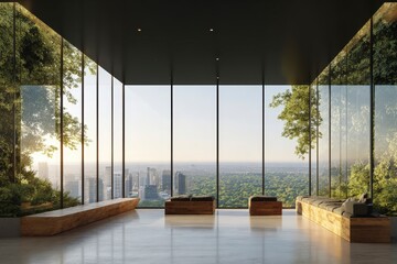 Modern high rise interior features floor to ceiling glass walls overlooking a sprawling city skyline and dense forest