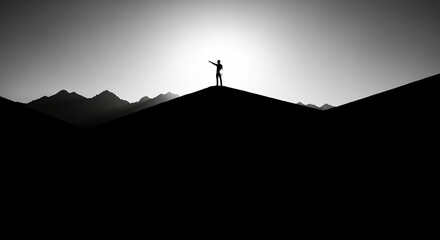 Triumphant Hiker Silhouette on Mountain Peak Against Bright Sun in Black and White Landscape, Symbolizing Achievement and Freedom