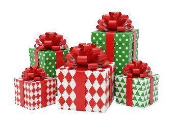 Christmas gift boxes with red bows, isolated on transparent background