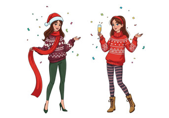 Two fashionable young women celebrating with champagne and confetti, isolated on transparent background