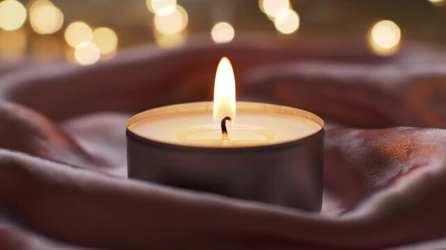 Romantic Candle with Warm Flame &ndash; Soft Pink Velvet Fabric and Bokeh Lights for Cozy Relaxation, Spa, and Holiday Atmosphere