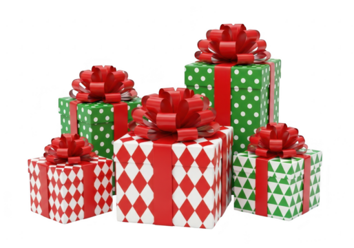 Christmas gift boxes with red bows, isolated on transparent background
