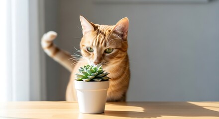 cat, orange, plant, indoor, tabby, cute, pet, whiskers, fur, sunlight, portrait, home, greenery