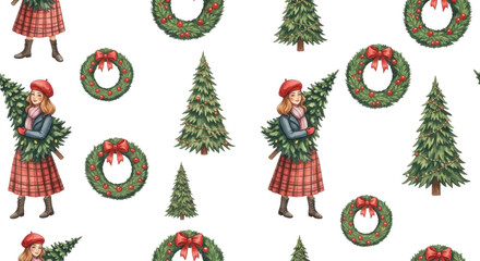 Christmas girls carrying trees and wreaths isolated on transparent background