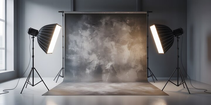 Professional photo studio setup with backdrop and lighting, ready for a photoshoot. 