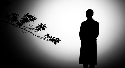 Contemplative Silhouette: Man in Spotlight with Tree Branch Against Dark Background, Black and White Conceptual Art