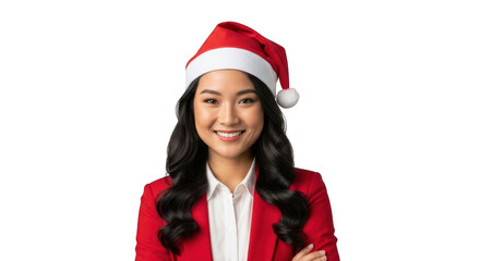 Young asian woman wearing santa hat and red blazer, isolated on transparent background
