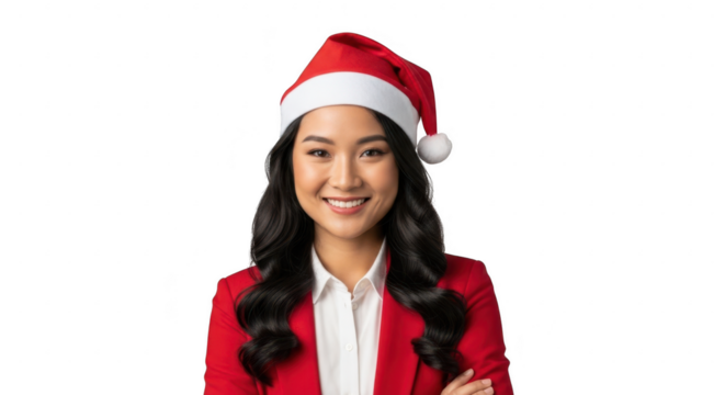 Young asian woman wearing santa hat and red blazer, isolated on transparent background