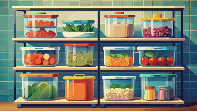 Organized kitchen pantry with colorful food storage containers on shelves, promoting healthy eating and meal prep solutions for modern families