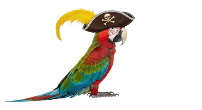 Macaw parrot bird wearing a brown pirate tricorn hat with yellow feather, isolated