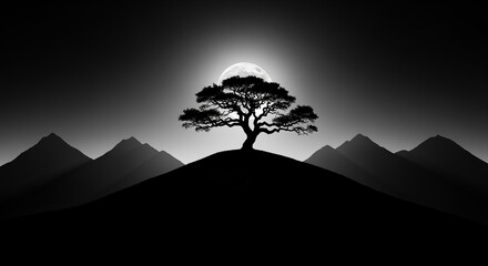 Stark Black and White Landscape: Lone Tree Silhouetted on a Hill Against a Bright Full Moon and Mountain Horizon
