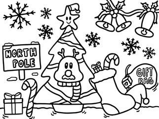 Hand drawn cute Christmas outlines of Christmas tree, reindeer, Santa, socks, candy cane, bag of gift boxes, bell, North Pole sign, happy star, snowflake, snow for kid colouring book, art, sketch