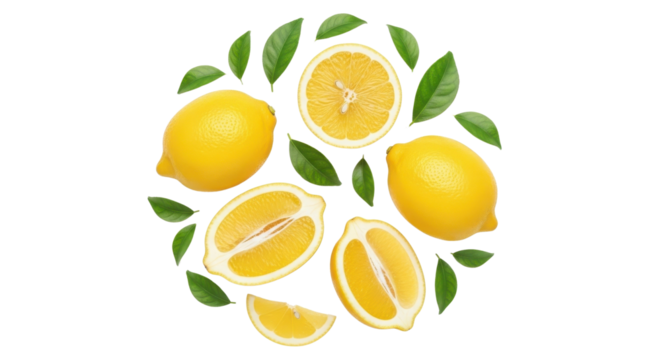 Whole and sliced yellow lemons with green leaves arranged in a circle isolated on white background