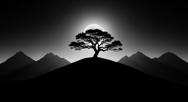 Stark Black and White Landscape: Lone Tree Silhouetted on a Hill Against a Bright Full Moon and Mountain Horizon