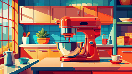 Vibrant retro kitchen scene evokes nostalgia with modern mixer, promising delicious treats and joyful baking experiences in a sunlit culinary space