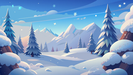 Enchanting winter landscape with snow-covered mountains and vibrant evergreens, evoking a sense of peace and holiday magic, perfect for festive designs