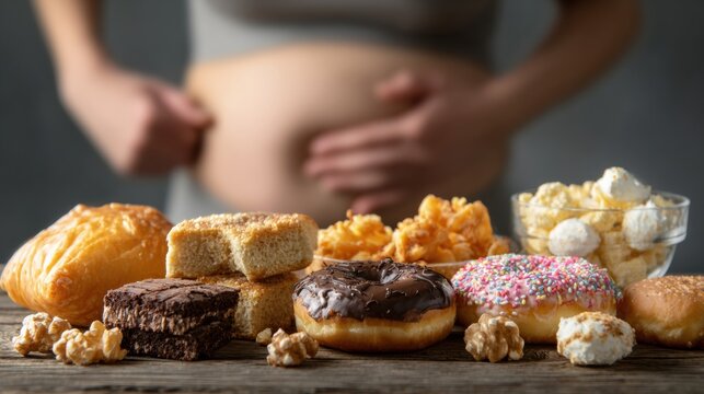 Belly Squeezing Next to High-Calorie Junk Food Emphasizes Unhealthy Eating Habits and Their Consequences