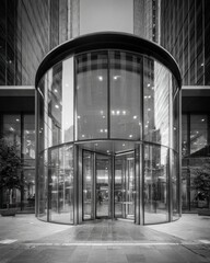 Modern glass building with dramatic lighting and strong architectural lines, creating a bold contemporary urban atmosphere ideal for corporate editorial and professional cityscape imagery