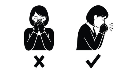 Cough etiquette guide: Woman covering sneeze correctly into elbow