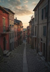 Fototapeta premium Quaint old town street with sunlit colorful homes at golden hour