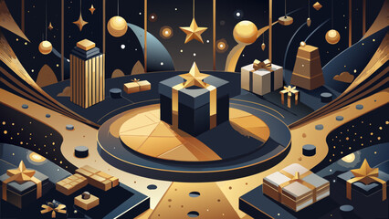 Stunning gifts and decorations create a luxurious festive atmosphere, perfect for holiday promotions and elegant seasonal designs, gold and dark hues shine