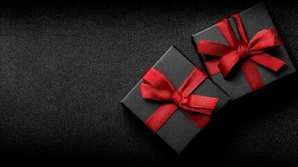 Top view of elegant black gift boxes tied with red ribbons on dark background, perfect for black friday, christmas, or valentine sale banner and template designs, ideal for festive marketing and luxur