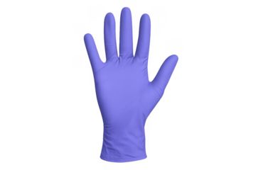 Hand wearing purple nitrile medical glove transparent background