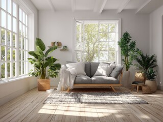 Bright modern home interior with neutral furniture, warm sunlight, and abundant houseplants, creating a peaceful inviting space that blends contemporary design with relaxed natural ambiance