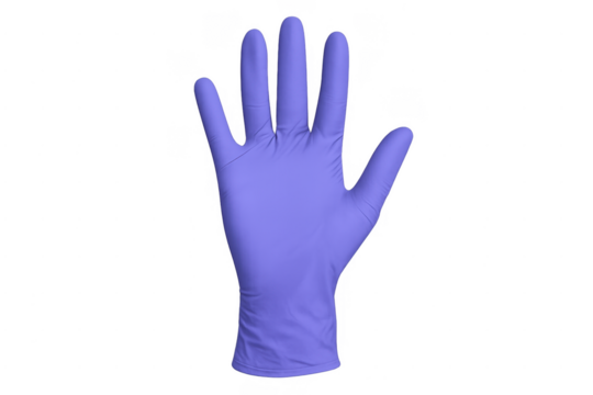 Hand wearing purple nitrile medical glove transparent background