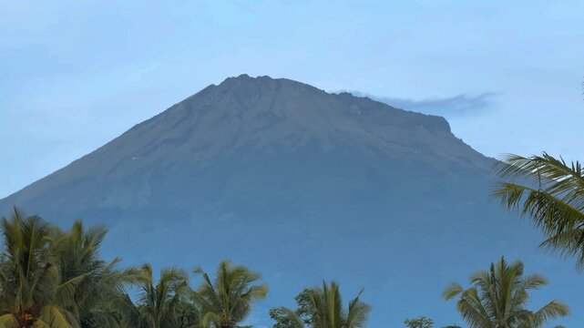 Majestic mountain landscape framed by tropical palm trees under a serene blue sky. Excellent footage for themes of nature, farming, and environmental clips.