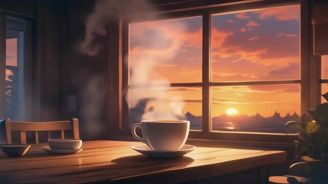 Warm sunset caf&eacute; table with steaming coffee by large window.