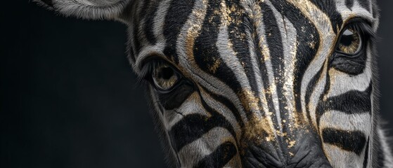 Naklejka premium Extreme close up of a zebra's eye and face texture featuring striking black white and gold striping