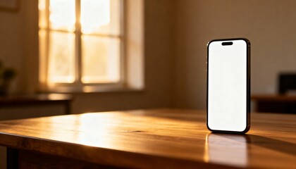 clean smartphone mockup on wooden desk, empty screen for app design, warm natural window light, shallow depth, negative space for copy