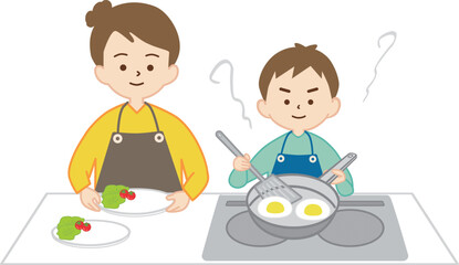 男の子と一緒に料理をする女性