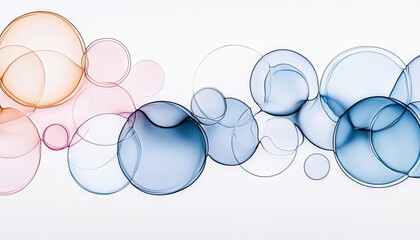 A collection of translucent, overlapping bubbles in shades of pink, orange, and blue, floating against a clean white background. The bubbles vary in size and tr
