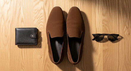 Brown suede loafers black wallet and sunglasses still life