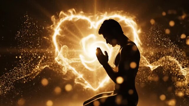 Kneeling figure divine light heart embrace