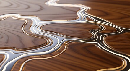 Closeup of a carved wooden surface with flowing reflective grey and golden channels