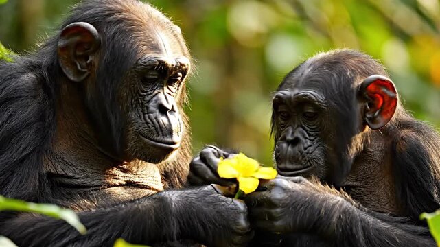 Chimpanzee Sharing a Flower - A Moment of Connection in the Jungle.