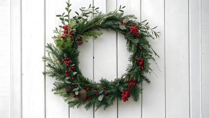 Oval shaped evergreen wreath with red berries and pinecones hanging on a white wooden door for holiday decoration
