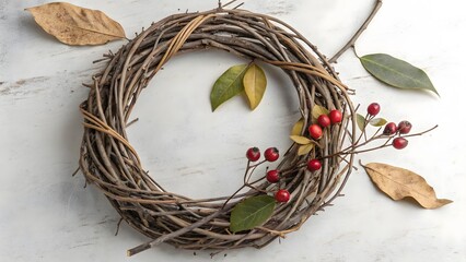 Rustic oval grapevine wreath adorned with red berries and dried leaves on a textured white background