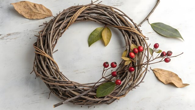 Rustic oval grapevine wreath adorned with red berries and dried leaves on a textured white background - Powered by Adobe
