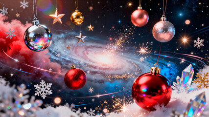 Winter cosmic background with a Christmas balls and universe, horizontal banner, copy space, free space for text	