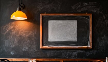 restaurant menu board mockup on chalkboard style wall, blank menu area, warm cafe light