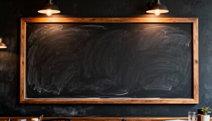restaurant menu board mockup on chalkboard style wall, blank menu area, warm cafe light