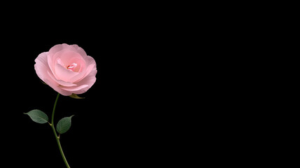 pink rose isolated on black horizontal background, free space for text and copy