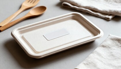 food tray mockup with blank sticker label on top, studio food photography look, neutral props